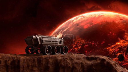 Rover traverses rocky ground with a massive, fiery red planet looming in the sky. 3d render