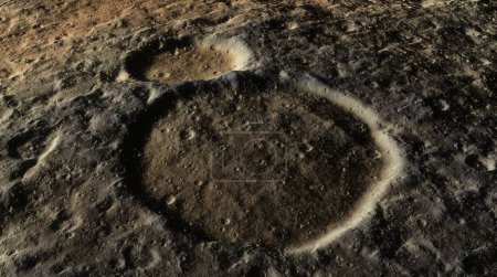 Detaillierte kraterartige Oberfläche des Himmelskörpers, dramatischer Kontrast zwischen tiefen Kratern und zerklüftetem Gelände. 3D-Darstellung