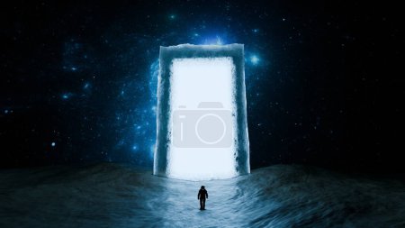 Ein einsamer Astronaut steht vor einem leuchtenden Portal inmitten eines Sternenhimmels. 3D-Darstellung