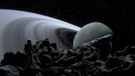 L'explorateur spatial cosmonaute se dresse sur un terrain accidenté lunaire, fasciné par une énorme planète annelée dans le cosmos. 3d rendu