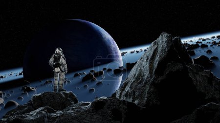 Astronaut stands on an extraterrestrial surface, with a planet looming in the dark sky above. 3d render