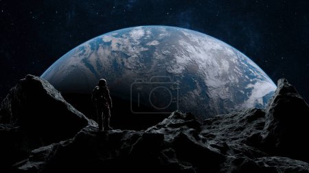 Astronaut overlooks Earth while standing on the moons surface amidst a starry night sky. 3d render