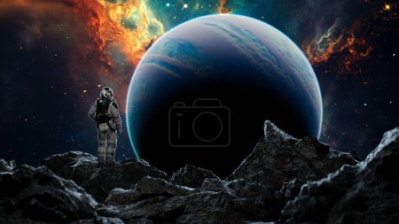 Astronaut observes a looming planet from a rocky surface against a nebula streaked cosmos. 3d render