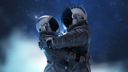 Dos de los astronautas se abrazan con visera conmovedora, rodeados por la expansión estelar del espacio, creando un símbolo de conexión humana en el cosmos. Abrazo de amor, hombre y mujer. 3d renderizar