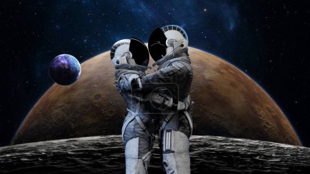 Astronautenpaar, das sich im All umarmt, mit einem atemberaubenden Blick auf die Erde im Hintergrund, symbolisiert Liebe und Kameradschaft in den Weiten des Universums. 3D-Darstellung