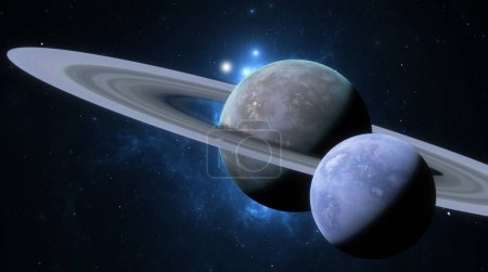 Zwei Planeten in unmittelbarer Nähe vor sternenklarem Hintergrund, einer mit markanten Ringen. 3D-Darstellung
