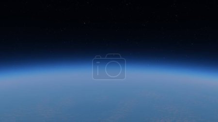 Erdkrümmung am Rand des Weltraums unter Sternenhimmel, die die dünne Atmosphäre des Planeten zeigt. 3D-Darstellung