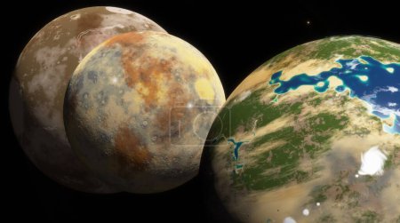 Foto de Primer plano de exoplaneta ricamente texturizado con océanos azules, flanqueado por su dúo lunar contra el cosmos. 3d renderizar - Imagen libre de derechos