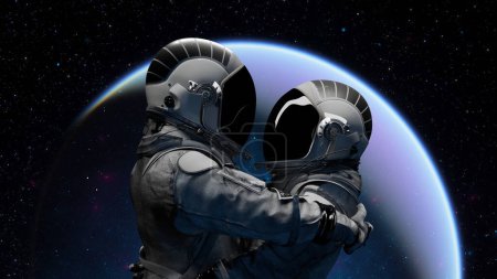 Astronautas en el espacio, uno sosteniendo al otro, con la Tierra en el fondo bajo el cielo estrellado. Amor. 3d renderizar