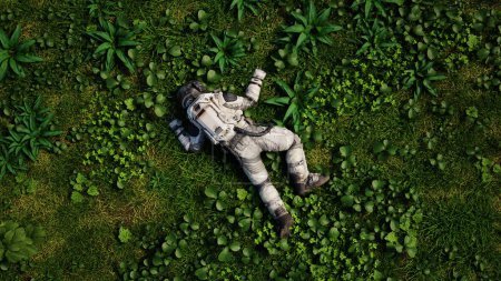 Astronaut in full gear reclines peacefully on vibrant green foliage, taking a rest under clear daylight. 3d render