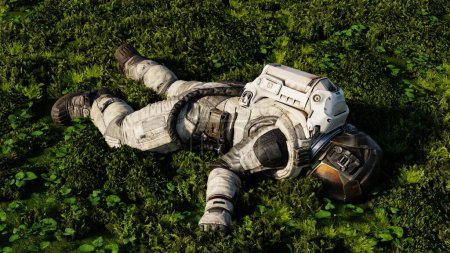 Astronauta en plena marcha se relaja en un lecho de vegetación verde vibrante bajo cielos claros. 3d renderizar