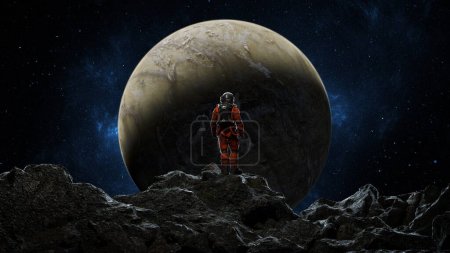 Astronaut in einem Raumanzug, der triumphierend auf dem Gipfel eines felsigen Berges steht und eine zerklüftete außerirdische Landschaft überblickt. 3D-Darstellung