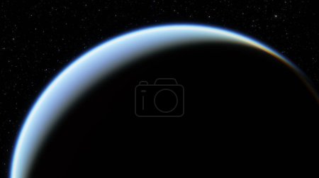 Gelassener Blick auf den Planeten gekrümmten Horizont gegen die Weite des Alls, unterstrichen durch dünne, glühende atmosphärische Linie. Dunkle Weiten darüber sind mit unzähligen Sternen übersät. 3D-Darstellung