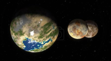 Exoplanète verdoyante aux eaux bleues, étroitement orbitée par deux lunes. 3d rendu