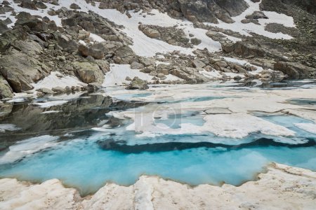Alpiner See mit kristallklarem Wasser, teilweise von schmelzendem Schnee bedeckt, eingebettet in schroffe Berge