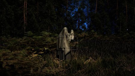 Une mystérieuse silhouette voilée se dresse parmi les fougères de la forêt, tenant une lanterne à l'ancienne au crépuscule. 3d rendu