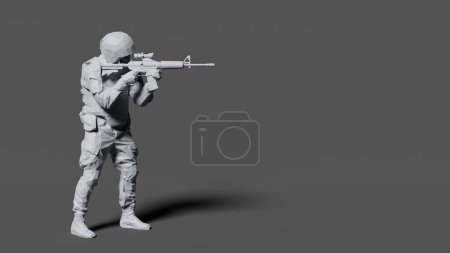 Photo for Soldier clad in tactical equipment stands aiming a rifle, isolated against a grey backdrop. 3d render - Royalty Free Image