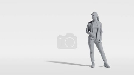 Stilvolle Frau steht selbstbewusst da, posiert mit einer Hand an der Hüfte, in schicker Kleidung. 3D-Darstellung