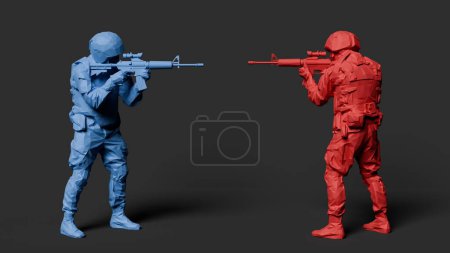 Dos soldados de juguete de plástico, uno azul y otro rojo, se posan en un mimetismo de batalla, listos con rifles. 3d renderizar