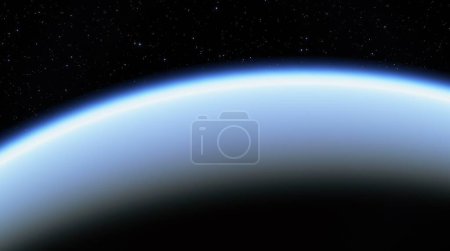 Curva del planeta contra el cosmos, destacando el resplandor atmosférico y el fondo espacial estrellado. 3d renderizar