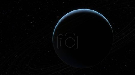 Photo for Celestial body shrouded in darkness with bright atmospheric rim, backdropped by vast, star filled expanse of space and ring patterns. Rings curve elegantly around planet, cosmic landscape. 3d render - Royalty Free Image