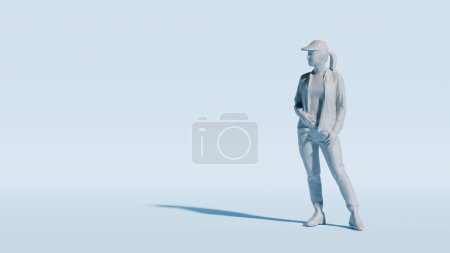 Una mujer solitaria está contemplando, proyectando una larga sombra sobre un fondo liso. 3d renderizar