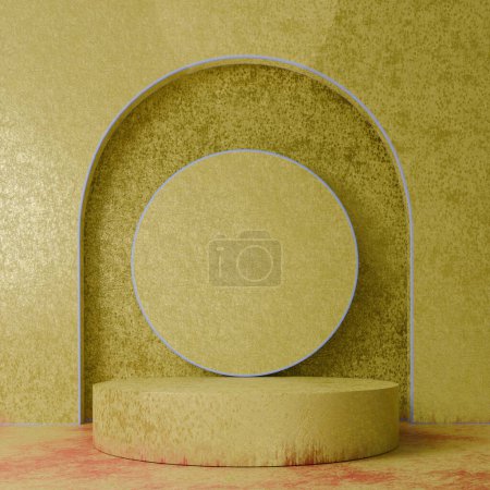 Foto de Expositor minimalista con base redonda amarilla y telón de fondo, ideal para la exposición de productos. 3d renderizar - Imagen libre de derechos