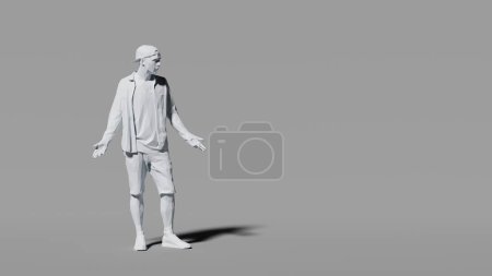 Photo for Casually dressed man stands in a casual questioning pose in a simple setting, casting a soft shadow on a gray background. 3d render - Royalty Free Image
