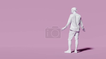 Stylish man, back question pose, dressed in modern casual wear, set on a monochrome pink backdrop. 3d render