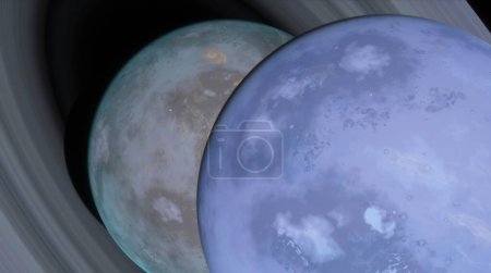 Photo for Planet magnificent rings cast a shadow over its neighboring moons, showcasing the beauty of the cosmos in the quiet, dark expanse of space - Royalty Free Image