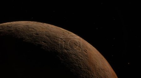 Curved horizon of a barren, crater-filled planet against a starry sky, evoking otherworldly exploration. 3d render