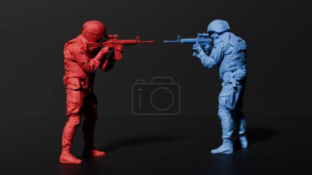 Téléchargez les photos : Red and a blue toy soldier face each other with raised rifles on a grey background, war. 3d render - en image libre de droit