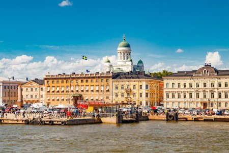 Photo for Helsinki, Finland - 12 June 2022: panorama of the Market Square Kauppatori in the port of Helsinki. View from sea. - Royalty Free Image