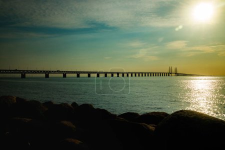 Oresund Bridge on sunset, between Sweden and Denmark, Malmo