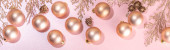 Rose gold Christmas, New Year background with golden christmas tree twigs and balls, holiday gift boxes, decorations, artifical snow, flat lay on pink background copy space Poster #620400726
