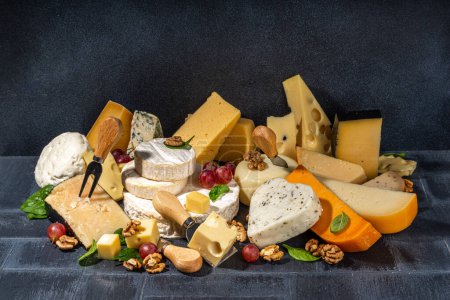 Foto de Diferentes tipos de quesos. Bandeja de queso con varios quesos, con uvas, nueces, cuchillo de queso y especias, espacio de copia de fondo de baldosas negras - Imagen libre de derechos