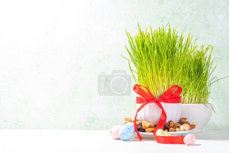 Happy Nowruz holiday background. Celebrating Nowruz new year sweets and treats, dried fruits, nuts, seeds, wooden background with green grass and festive red ribbon, copy space