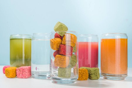 Photo for Modern Dissolvable Drinks concept, healthy homemade Dissolvable frozen dried smoothies with vegetables and fruits. Healthy organic snack on white background with frozen dried smoothie cubes - Royalty Free Image