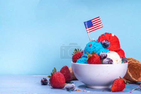 Red, white and blue ice cream balls. Patriotic USA lollypops ice cream for july 4 party or bbq picnic, tasty summer dessert with fruit berry flavours, with waffle cones