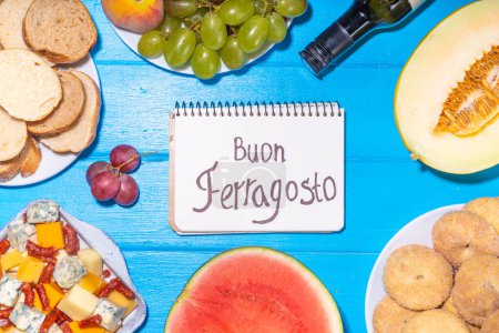 Photo for Buon Ferragosto (happy in italian language) holiday background. Summer Italian harvest festival August 15  brunch, family party antipasto foods with watermelon, melon, grapes, cheese, snacks, drinks - Royalty Free Image