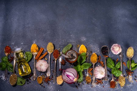 Photo for Spices for cooking on dark background . Different seasonings, spices and herbs paprika, pepper, turmeric, salt, basil, mint, cinnamon, garlic, olive oil, aromatic ingredients for preparation food - Royalty Free Image