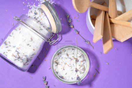 Photo for Aromatic lavender salt for cooking. Sea salt mix with dried lavender flowers, trendy seasoning condiment for cooking food, grilling, drinks and cocktails - Royalty Free Image