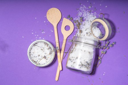 Photo for Aromatic lavender salt for cooking. Sea salt mix with dried lavender flowers, trendy seasoning condiment for cooking food, grilling, drinks and cocktails - Royalty Free Image