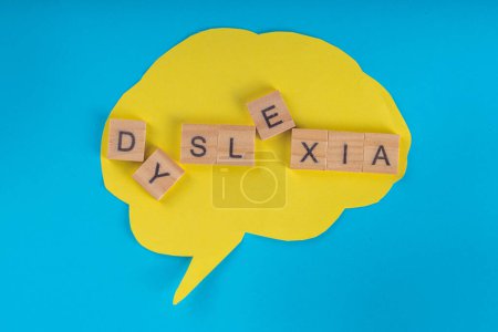Dyslexia concept background, difficulty with fast reading, writing words, education learning elementary school kids, brain outline on color background with mixed letters and inscription dyslexia