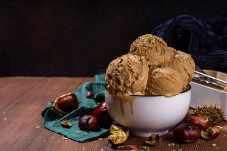 Téléchargez les photos : Crème glacée épicée d'automne au goût de châtaignier rôti, avec des épices, sur un fond en bois avec des châtaignes fraîches et rôties - en image libre de droit