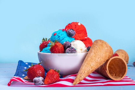 Red, white and blue ice cream balls. Patriotic USA lollypops ice cream for july 4 party or bbq picnic, tasty summer dessert with fruit berry flavours, with waffle cones