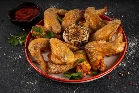 Ailes de poulet grillées grillées et épicées au barbecue avec sauce ketchup et condiments, ailes de volaille barbecue maison 