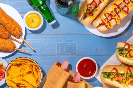 National Hot Dogs day background, hotdog summer party festival foods, Various type of traditional hot dogs - french, corn dog, classic. mexican loaded hotdog, with snack, beer bottles and sauces