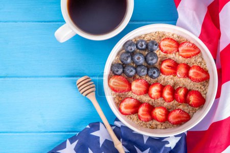 USA patriotic breakfast oatmeal. Simple Independent or American Flag Day idea with oatmeal berry flag decor, Healthy holiday July 4 breakfast