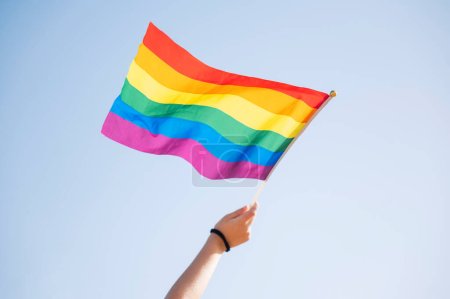 Foto de Mano de una mujer ondeando una bandera de orgullo LGBT. - Imagen libre de derechos